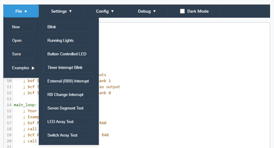 Examples menu showing available programs