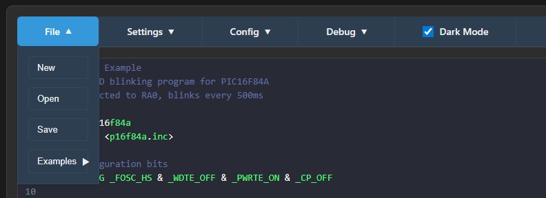 File menu showing New, Open, Save options