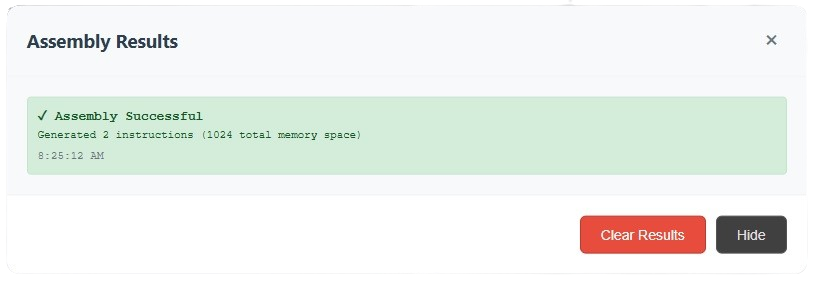 Assembler output showing machine code and symbol table