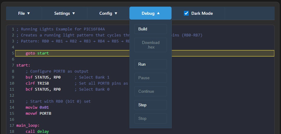 Simulation control panel with Run, Pause, Continue, Step, and Stop buttons