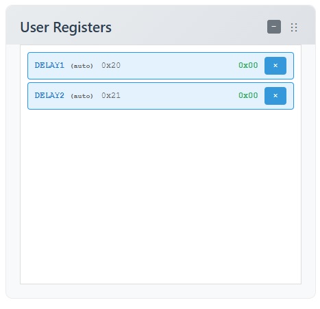 User registers panel showing detected variables and their values